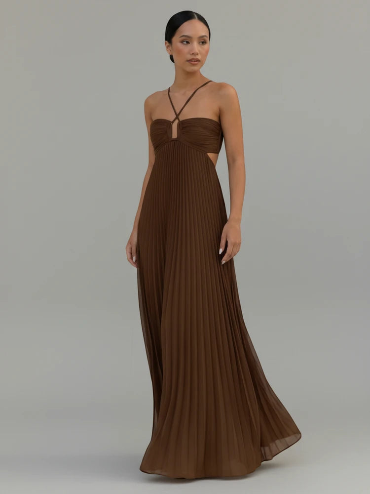 a line pleated maxi dress Women's Farlay A-line Pleated Sleeved Organza Maxi Dress XS/S/M/L/XL Beige MEAN BLVD XL / Beige