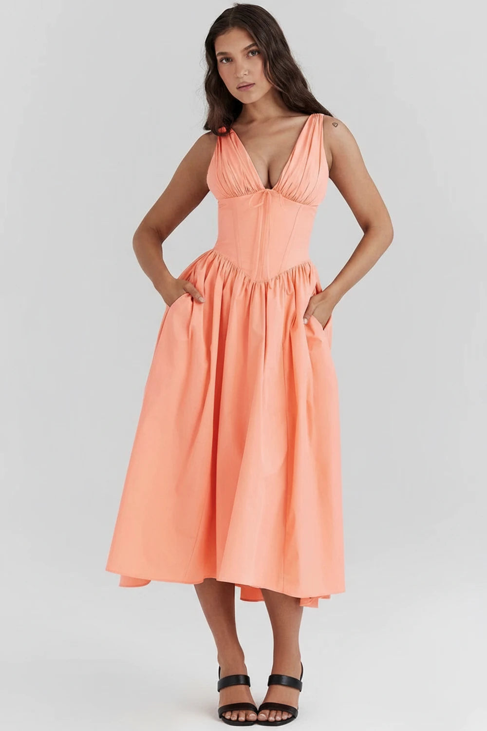 V-Neck A-Line Midi Dress for Women