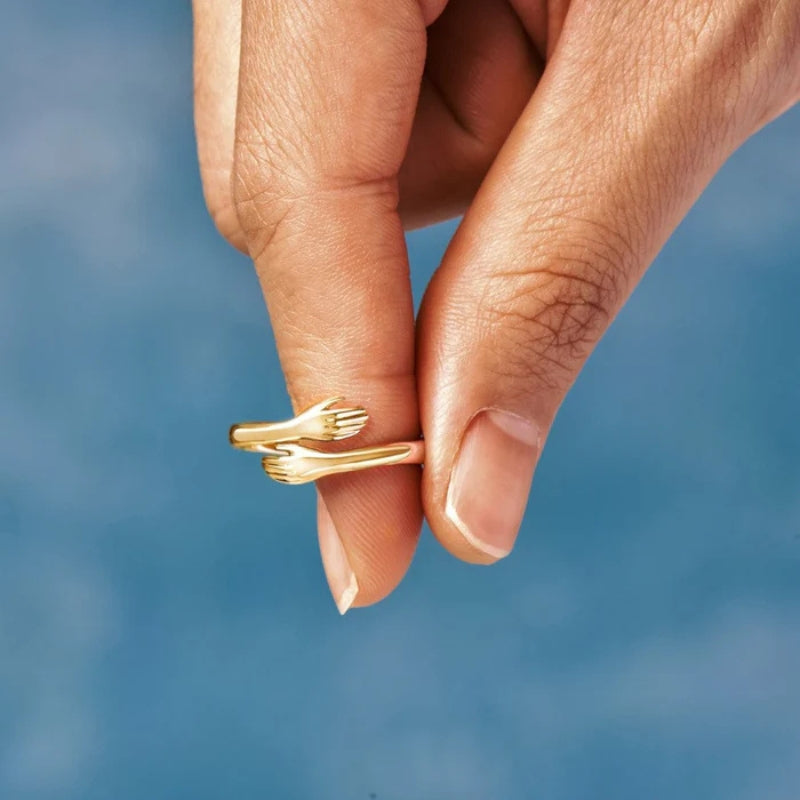 Adjustable Open Ring with Intertwined Hands
