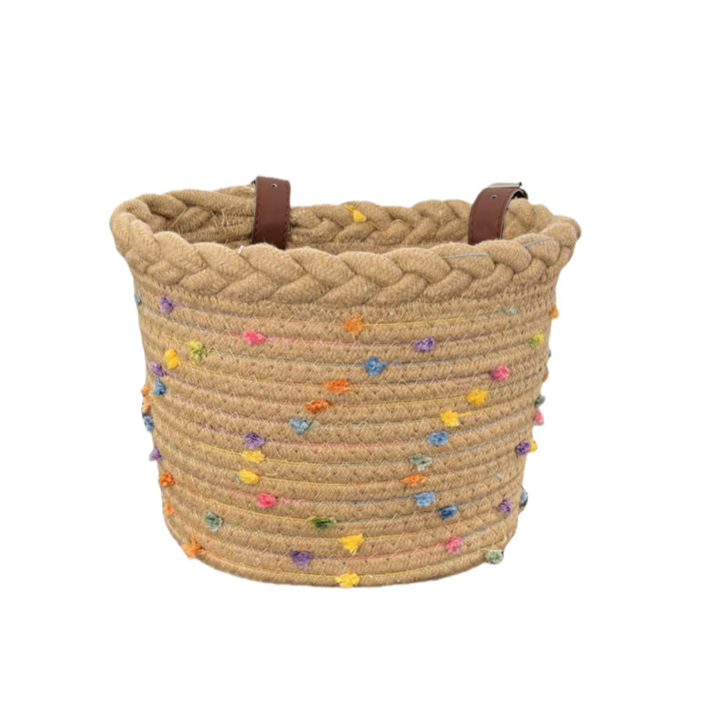 Braided Rope Bicycle Basket with Pom-Pom Embellishments and Leather Handlebar Straps
