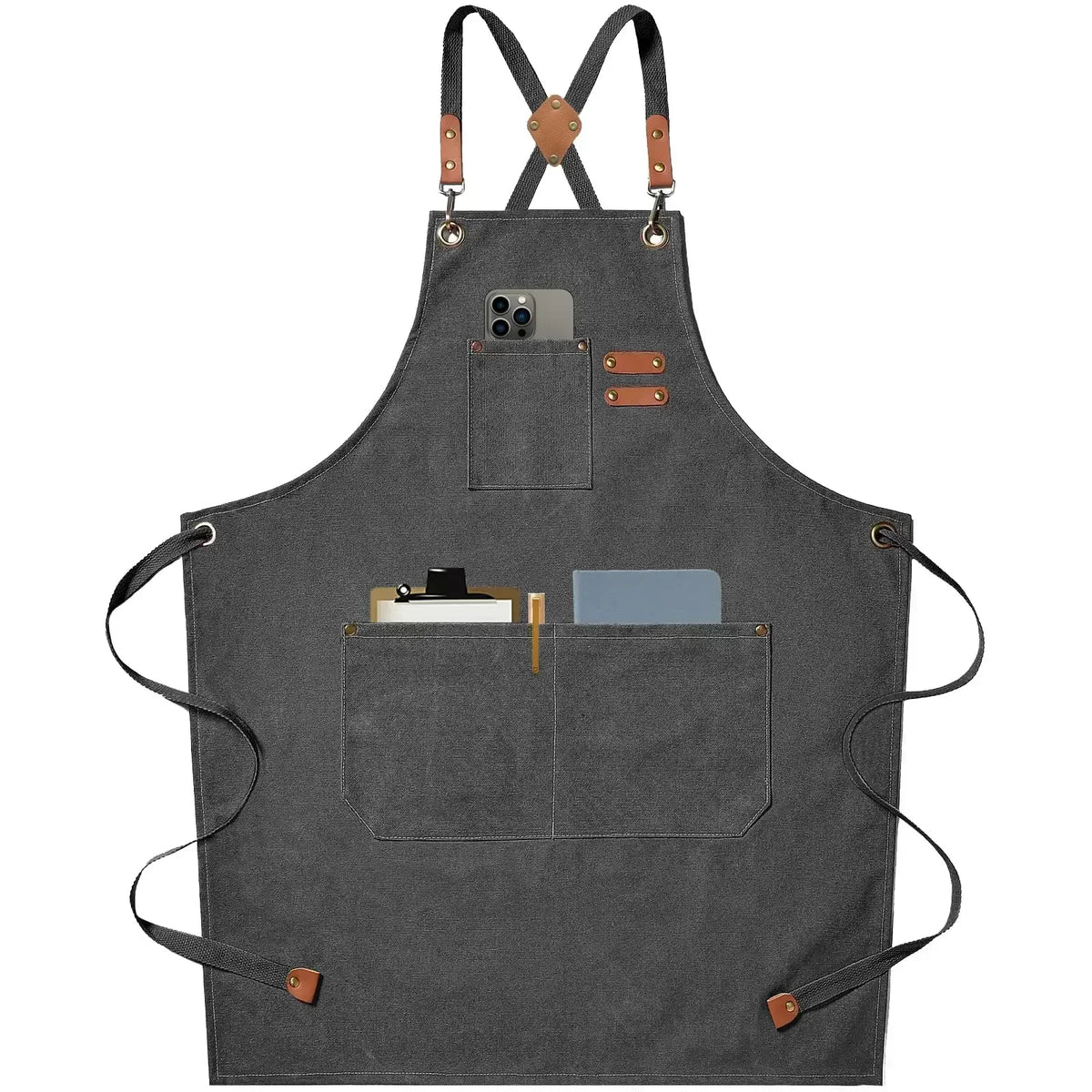 Canvas Cross-Back Chef and Utility Apron with Leather Trim and Pockets for BBQ and Workshop