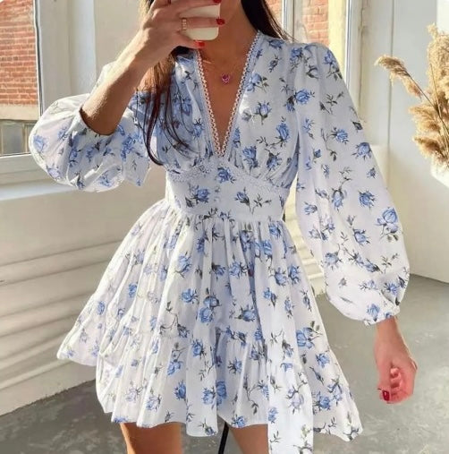 Image of Carolyn | Women's Long Sleeve V-Neck A-Line Mini Dress
