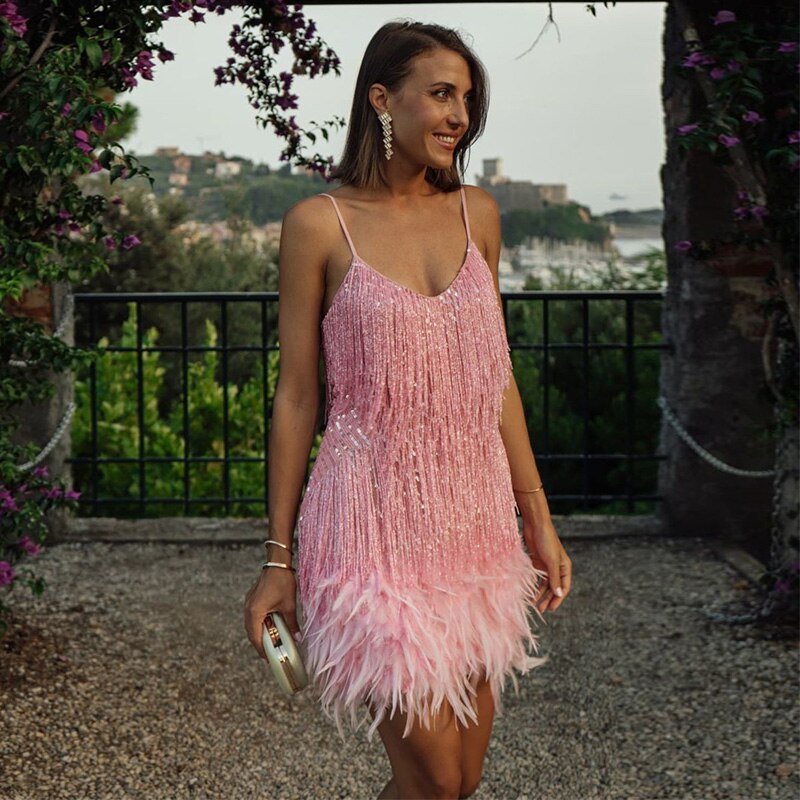 Image of Katrina | Women's V-Neck Fringe Mini Dress