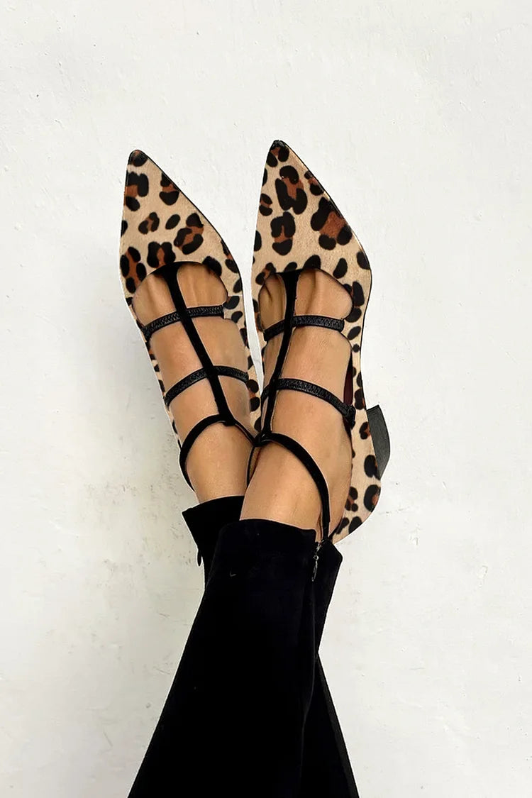 Image of Lucy | Women's Pointed Toe Leopard Print Strappy Flats