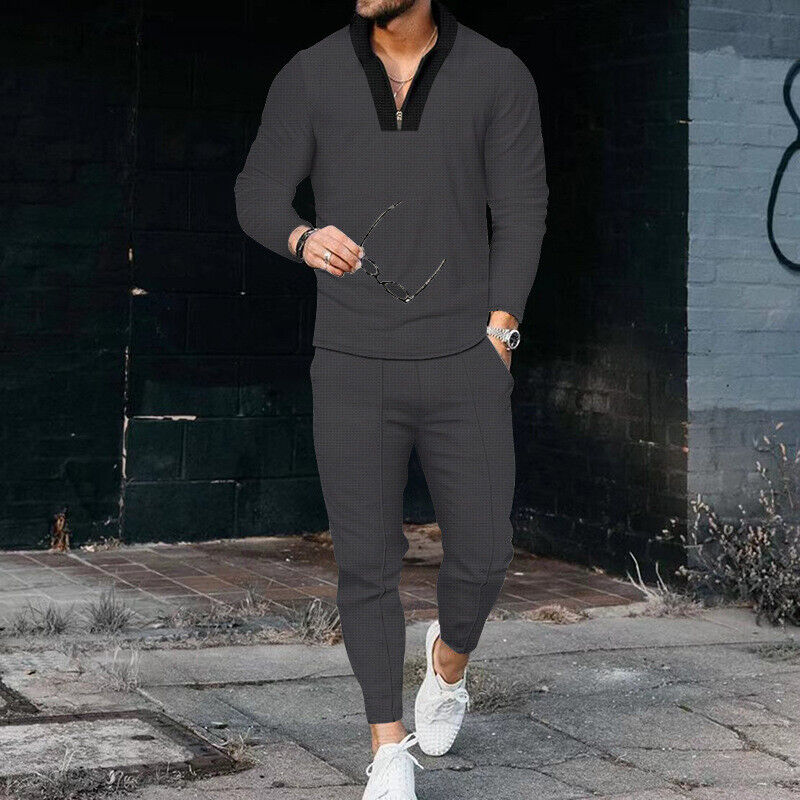 Men's Casual Two-Piece Outfit with Zip Top & Trousers
