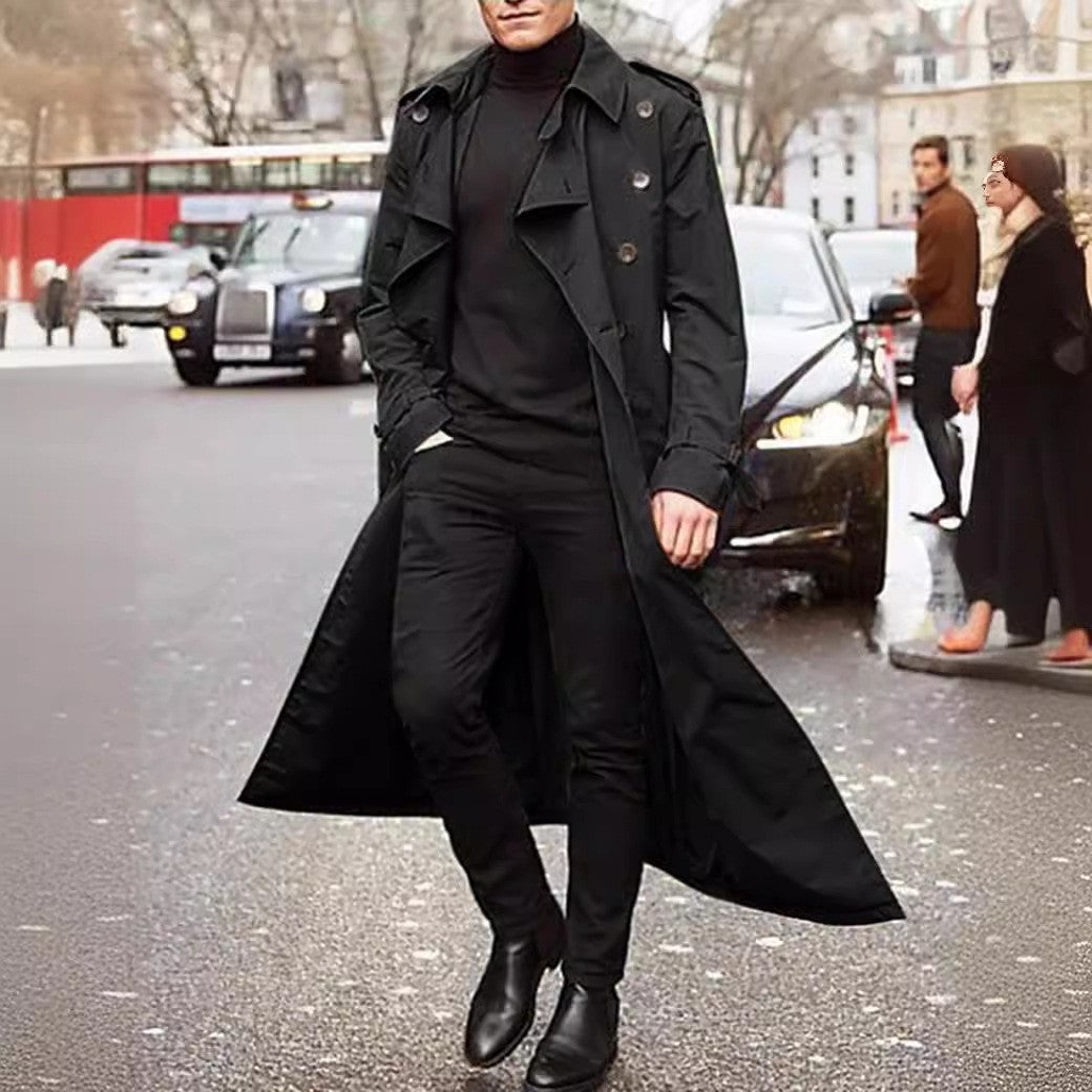 Men's Double-Breasted Trench Coat with Belted Waist
