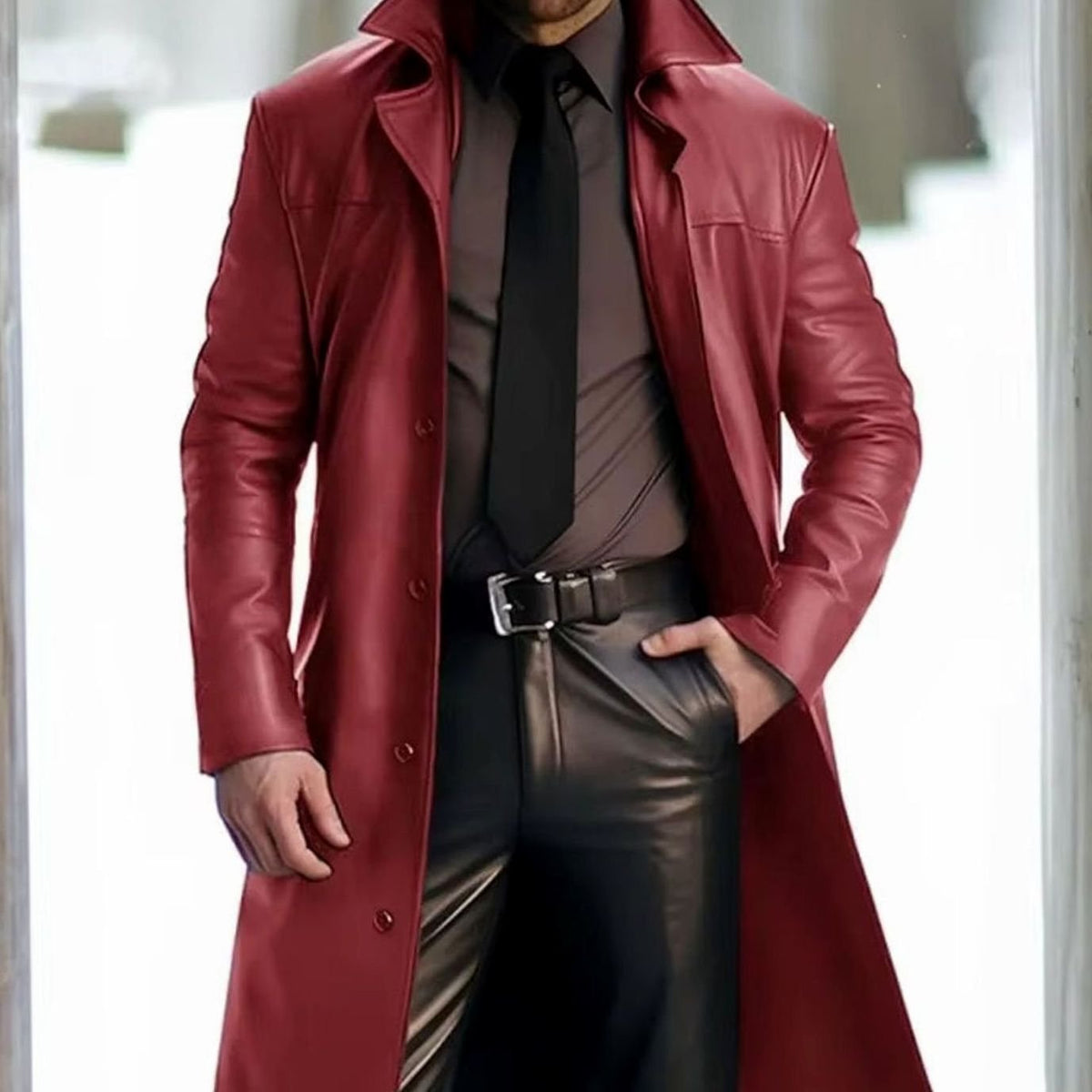 Men's Long Button-Front Faux Leather Trench Coat