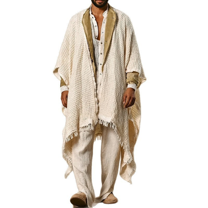 Men's Loose-Fitting Cotton-Linen Open-Front Poncho with Fringes