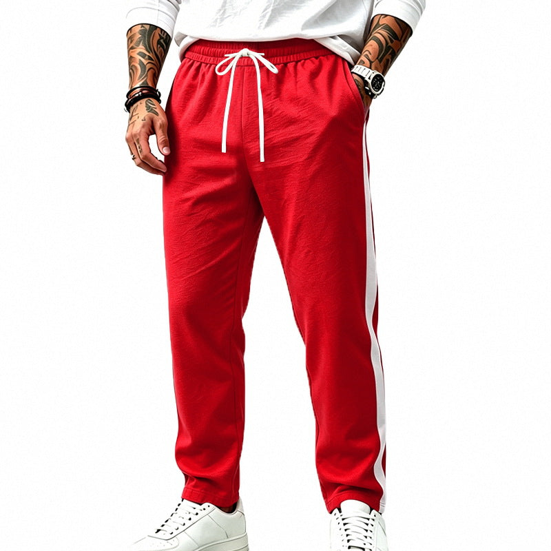 Men's Straight Leg Athletic Track Pants with Side Contrast Stripe and Drawstring Waist