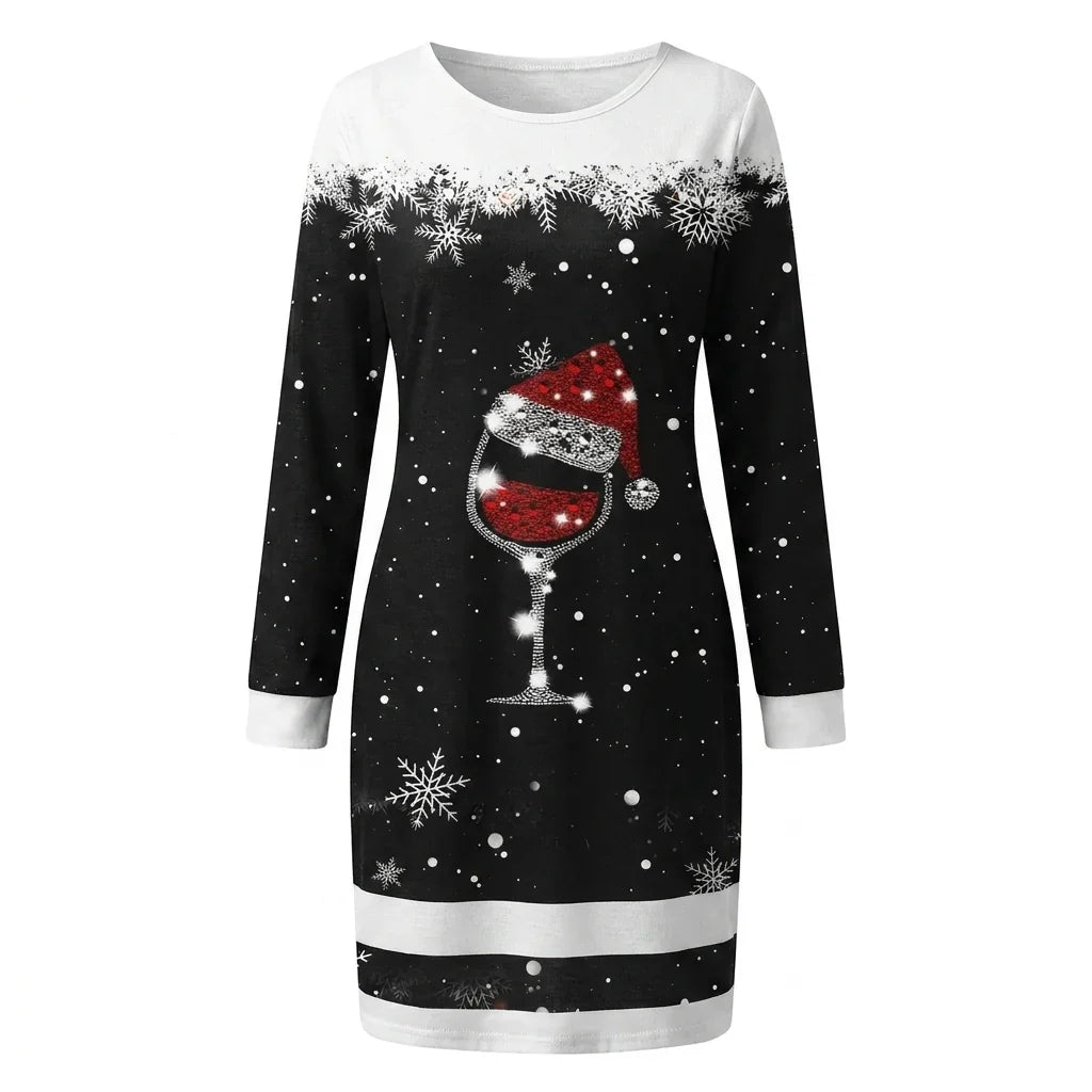 Printed Round-Neck Christmas Dress