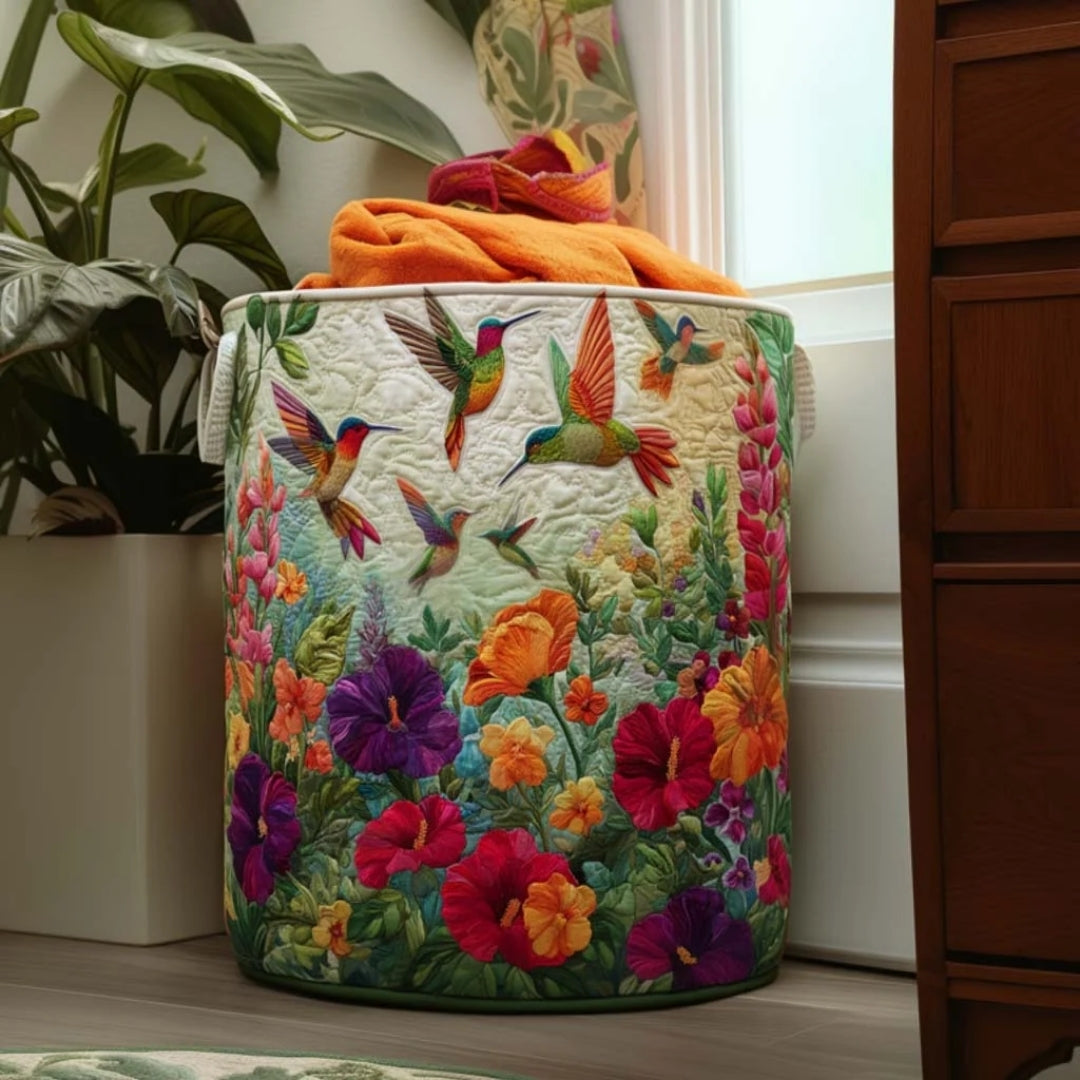 Quilted Laundry Basket with Hummingbird and Flower Design