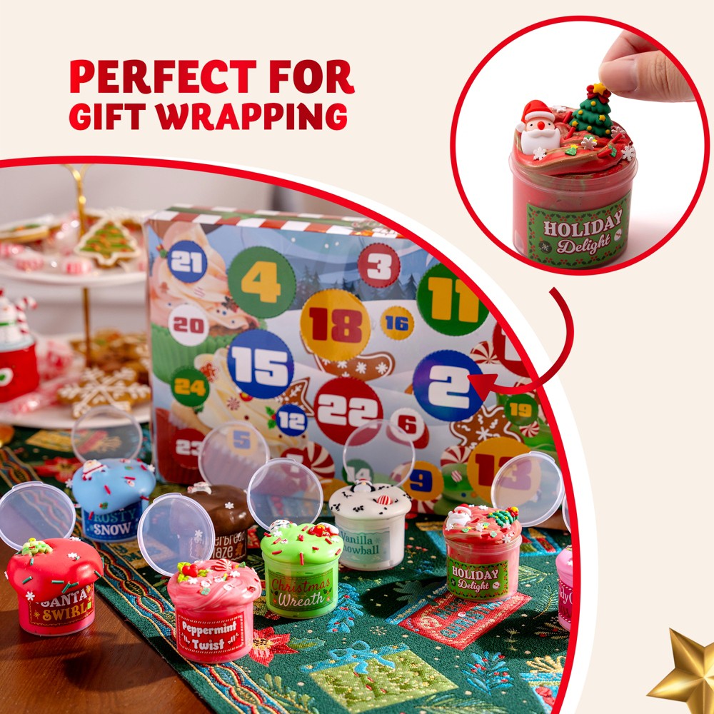 Slime Advent Box with 8 Jars and 16 Add-On Packs of Charms and Sprinkles for Holiday Mixing