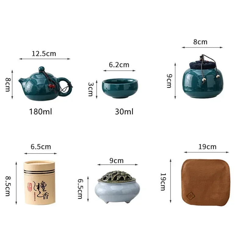 Traditional Ceramic Tea Set with Teapot, Cups, and Incense Burner for Calming Tea Moments