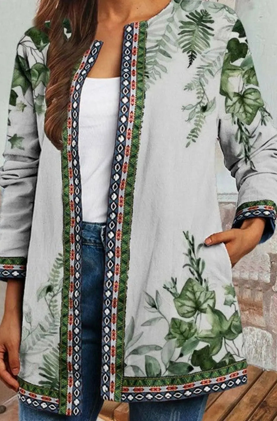Women's Botanical Floral Print Open-Front Long-Sleeve Cardigan