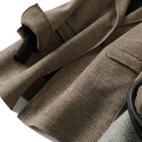 Women's Checked Wool Coat with Notch Lapel and Button Front