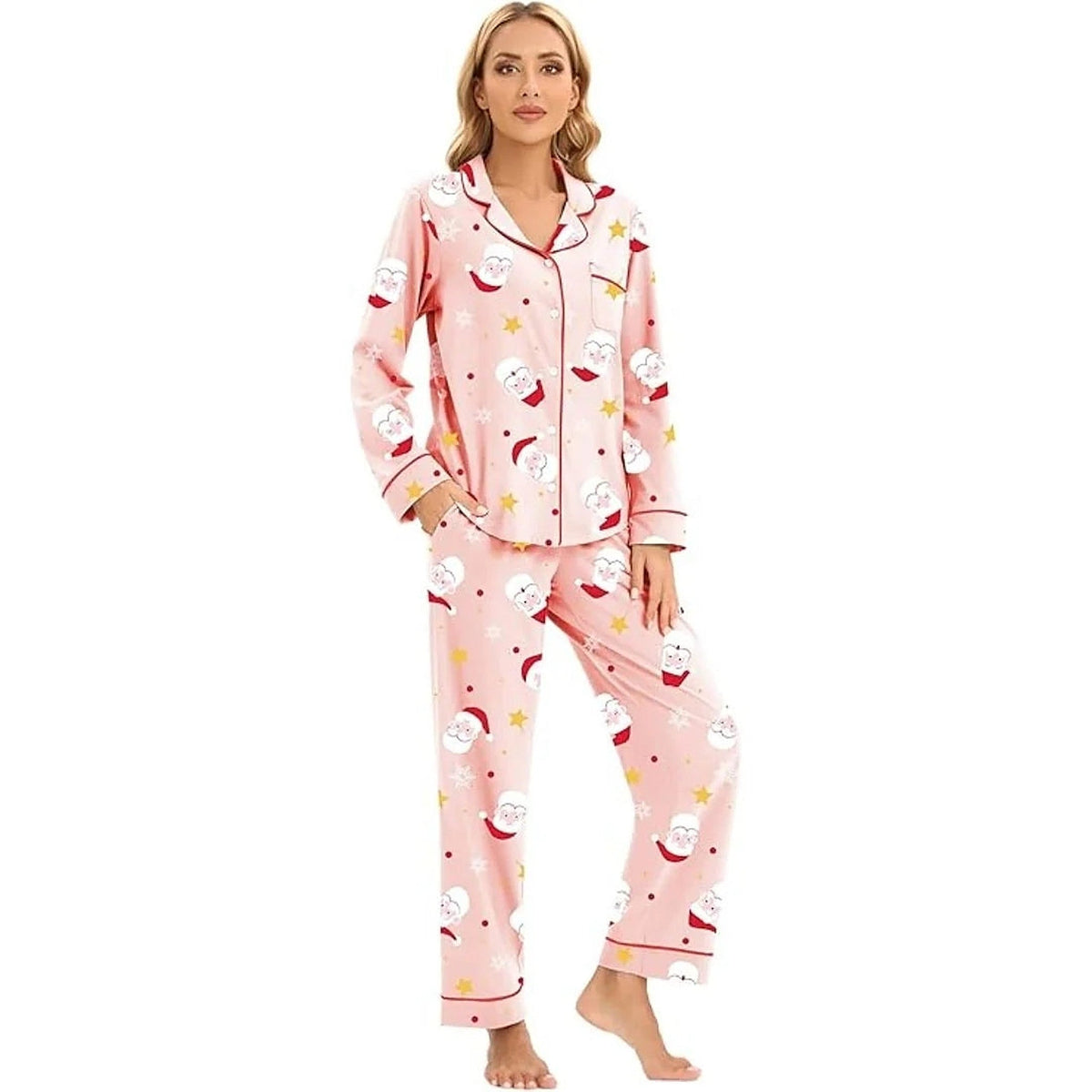 Women's Cotton Christmas Pajama Set with Long Sleeves and Button Closure