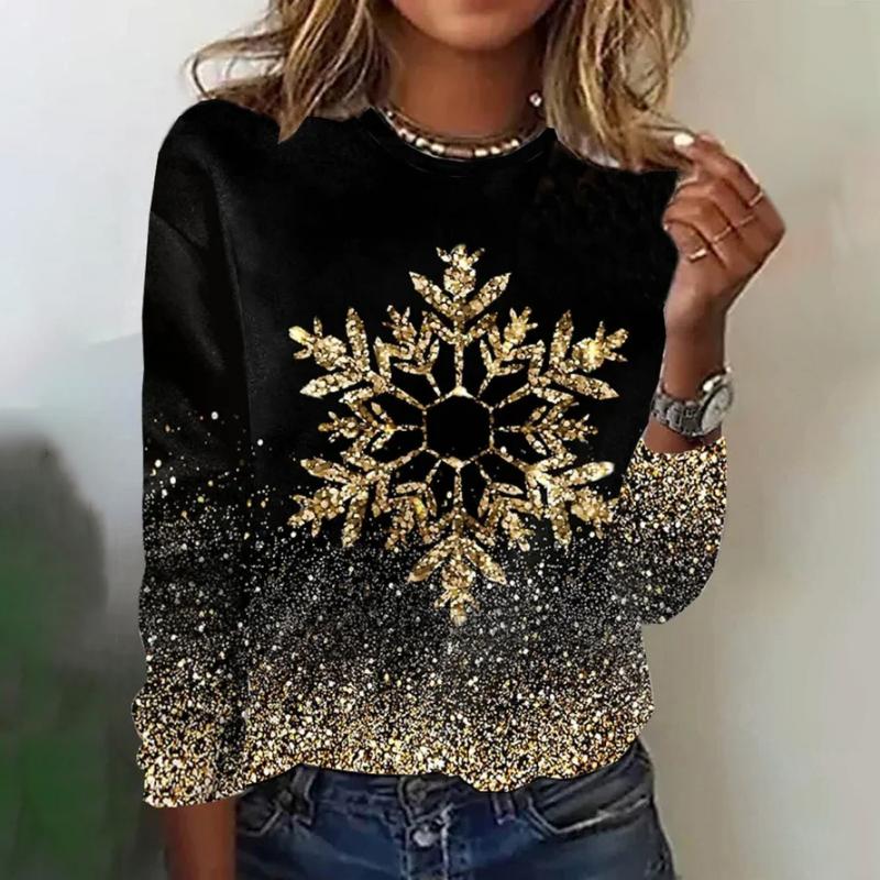 Women's Crew Neck Black Snowflake Glitter Print Long-Sleeve T-Shirt Top