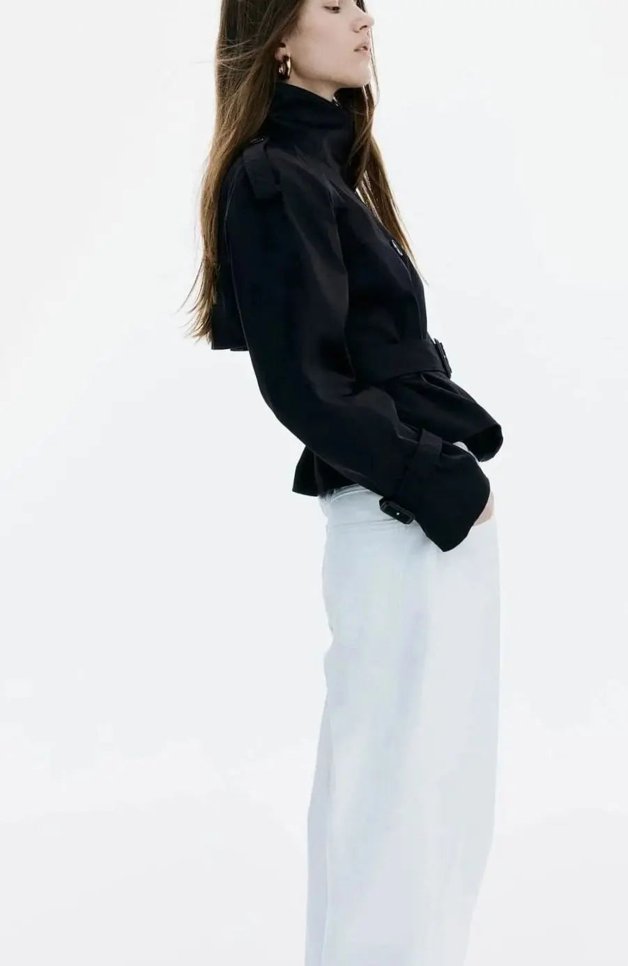 Women's Cropped Stand-Up Collar Belted Trench Jacket