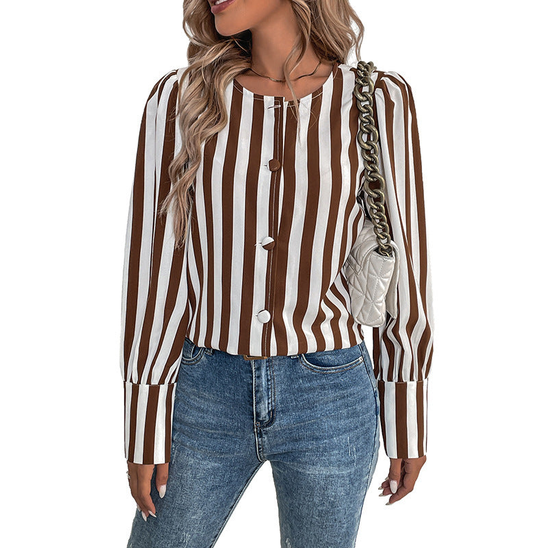 Women's Elegant Striped Blouse with Button Details