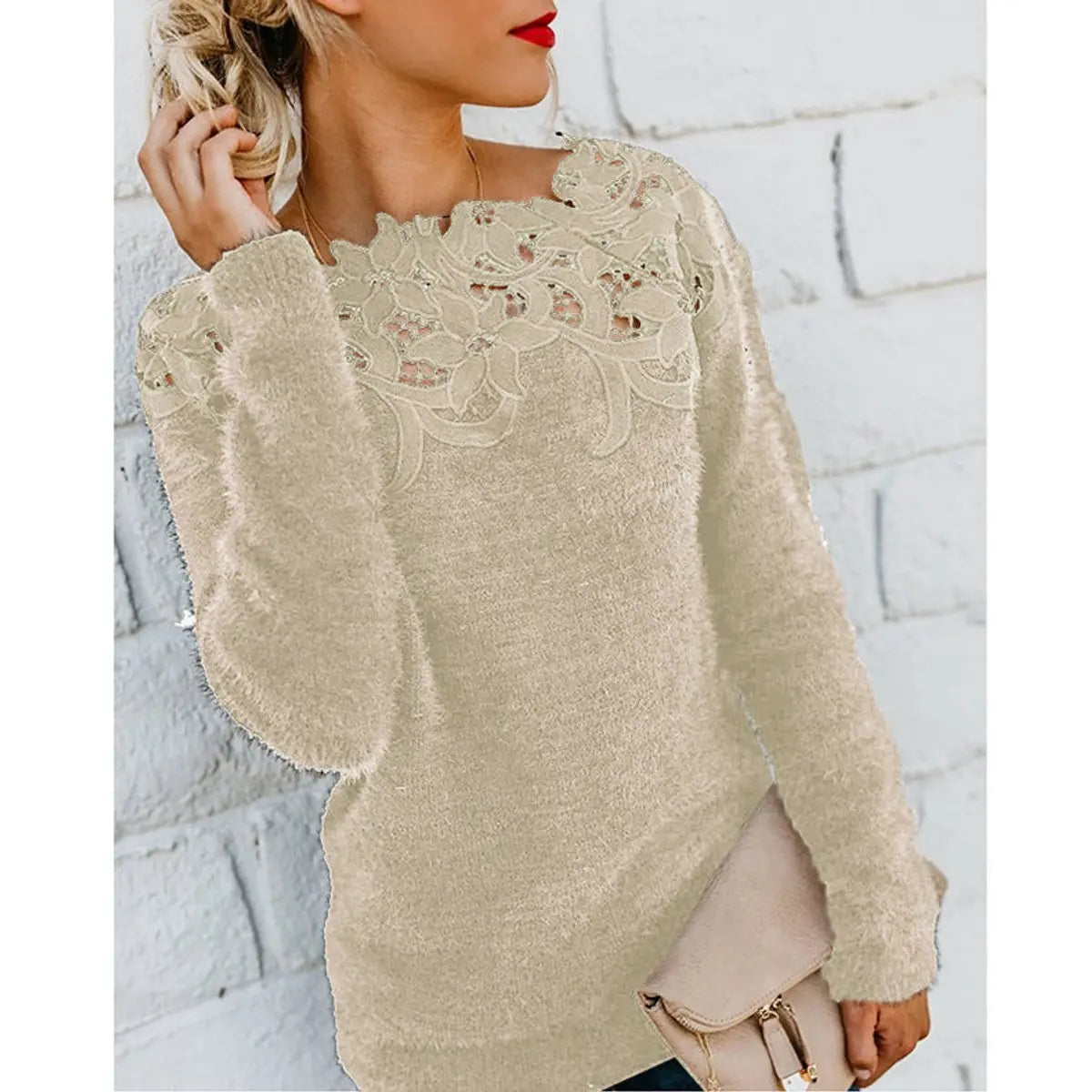 Women's Fluffy Knit Jumper with Floral Lace Neckline
