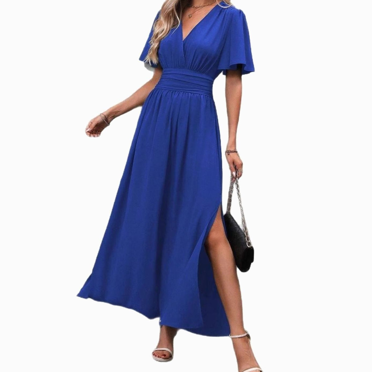 Women's Flutter-Sleeve V-Neck High-Waist Maxi Dress with Side Slit