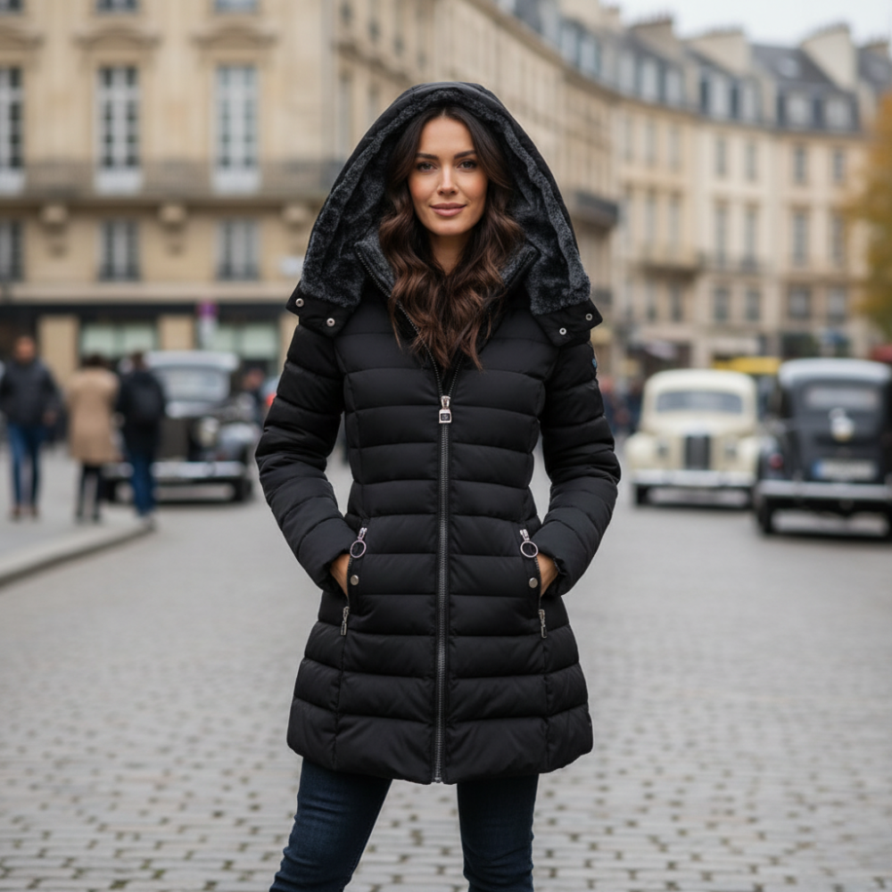 Women's Long Puffer Coat with Plush Lining and Hood