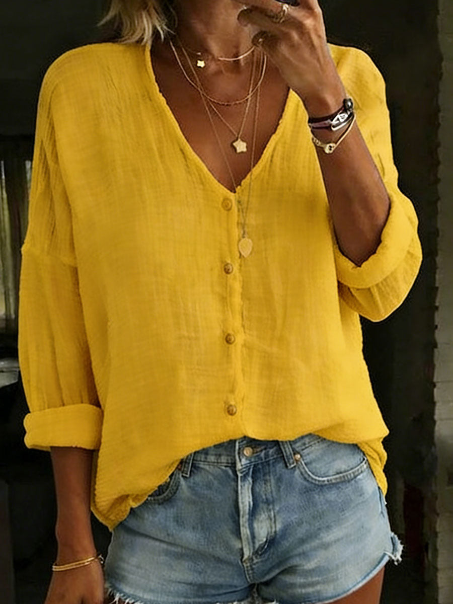 Women's Loose Solid-Color Cotton Linen Long-Sleeve Shirt