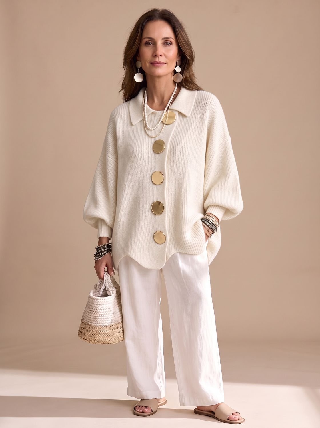 Women's Oversized Collared Knit Cardigan with Gold Buttons