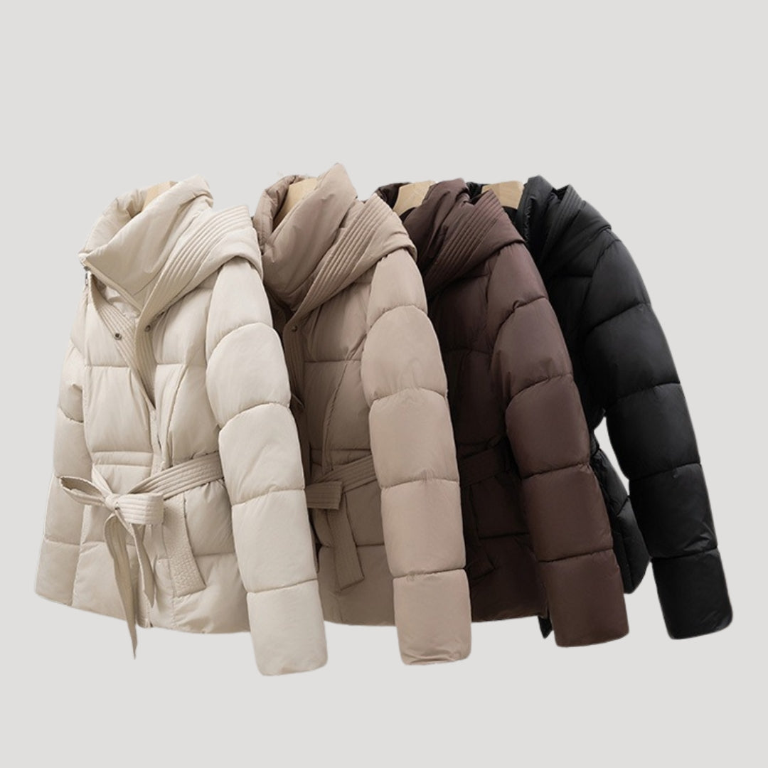Women's Quilted Jacket with Hood, Belt, High Collar, and Pockets