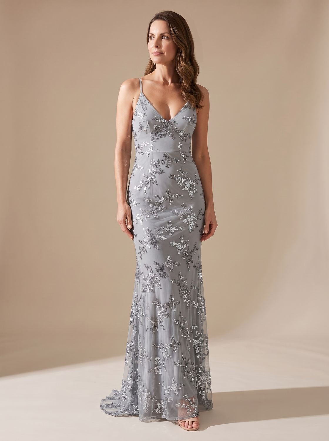 Women's Sequin Mermaid Maxi Christmas Party Dress with Spaghetti Straps and V-Neck