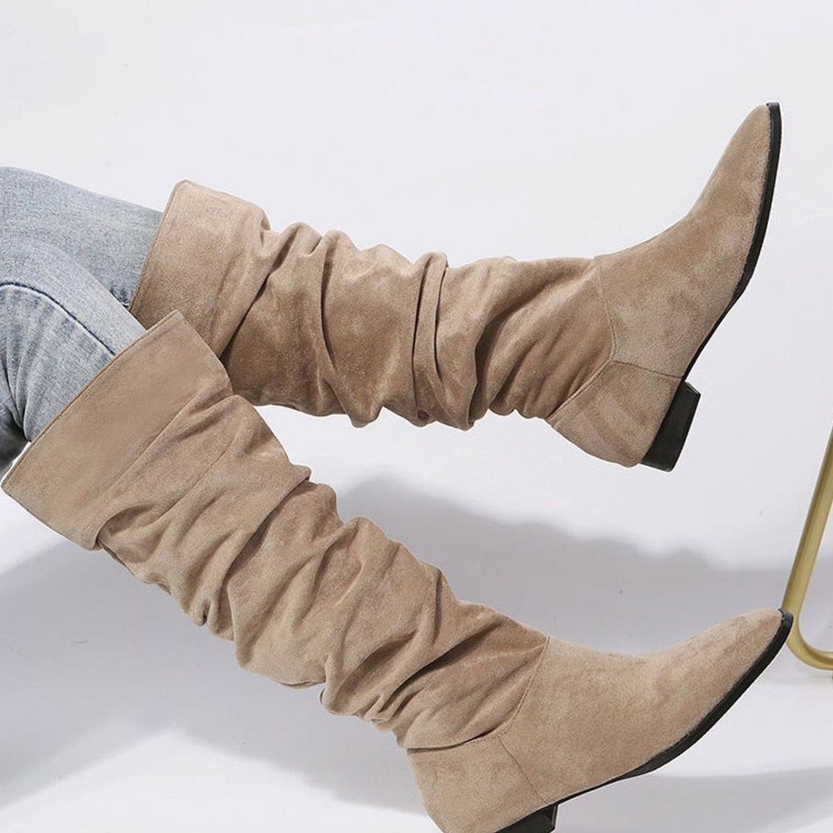 Women's Slouchy Knee-High Boots with Pointed Toe and Block Heel