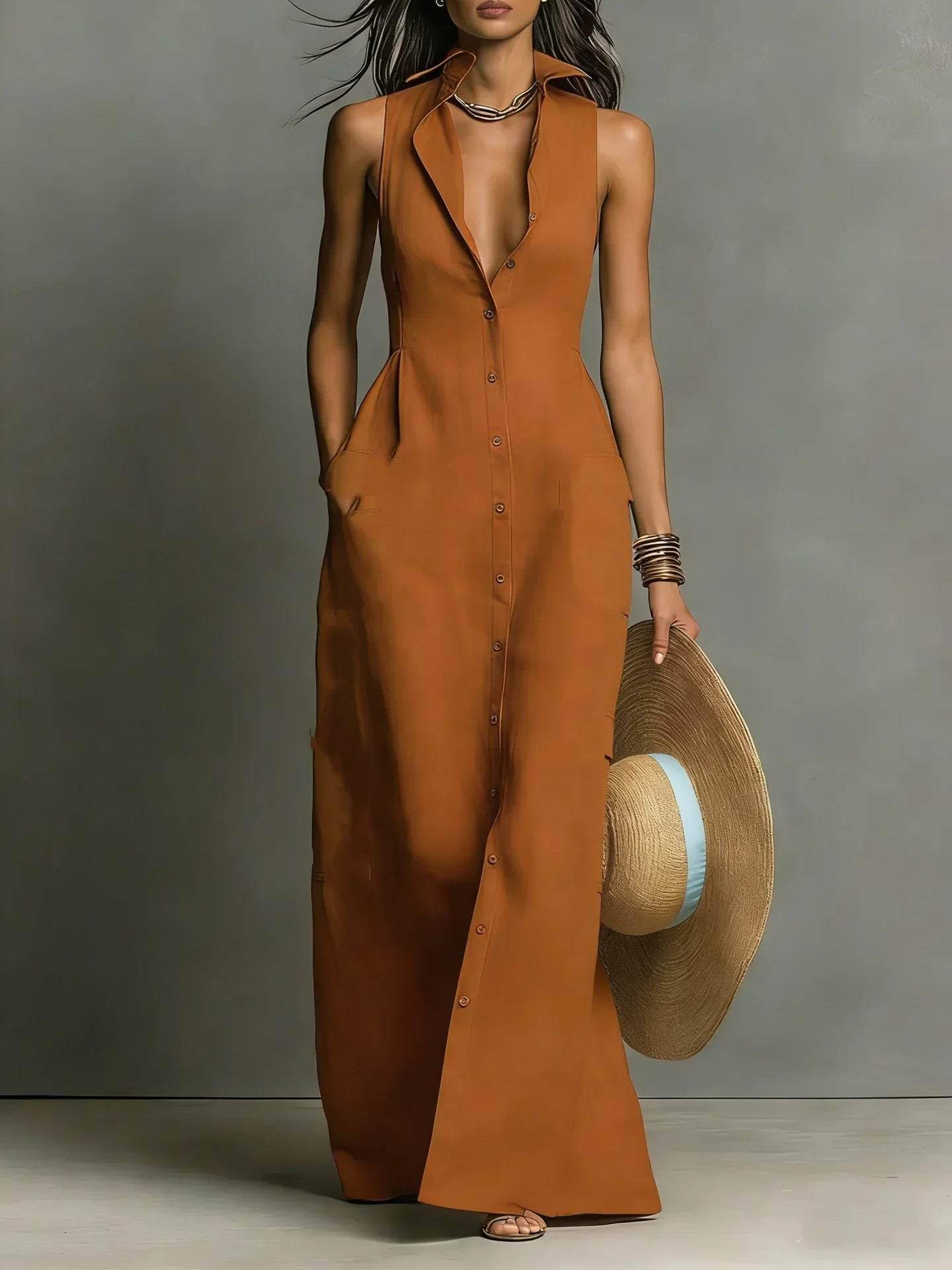 Women's V-Neck Maxi Shirt Dress