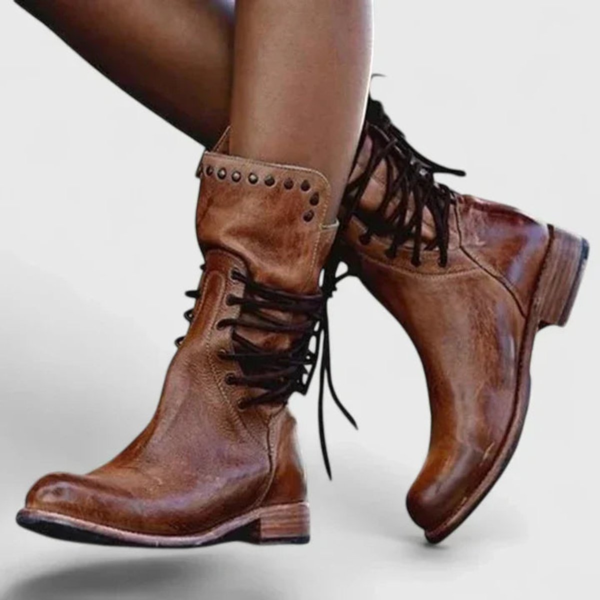 Women's Vintage Lace-Up Studded Knee-High Boots with Block Heel