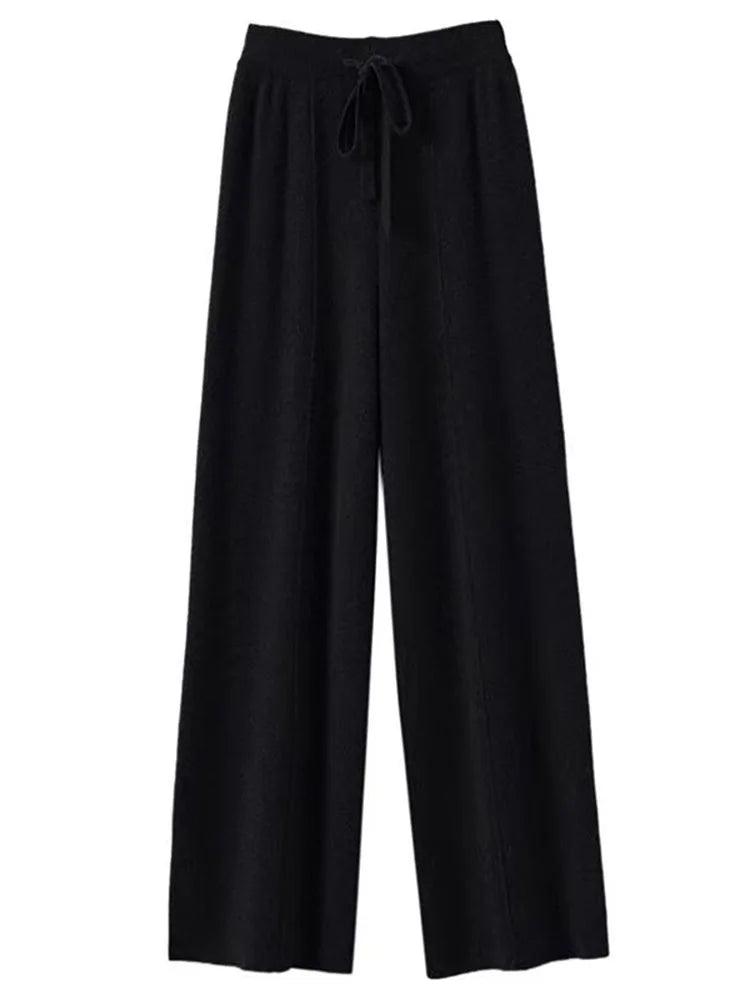 100% Cashmere High-Waisted Wide-Leg Knit Trousers - Soft & Warm