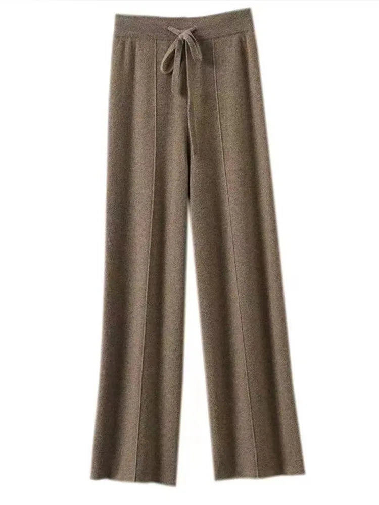 100% Cashmere High-Waisted Wide-Leg Knit Trousers - Soft & Warm