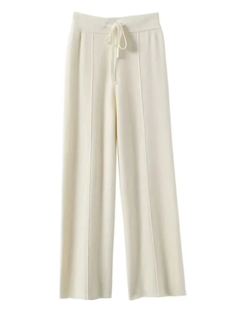 100% Cashmere High-Waisted Wide-Leg Knit Trousers - Soft & Warm