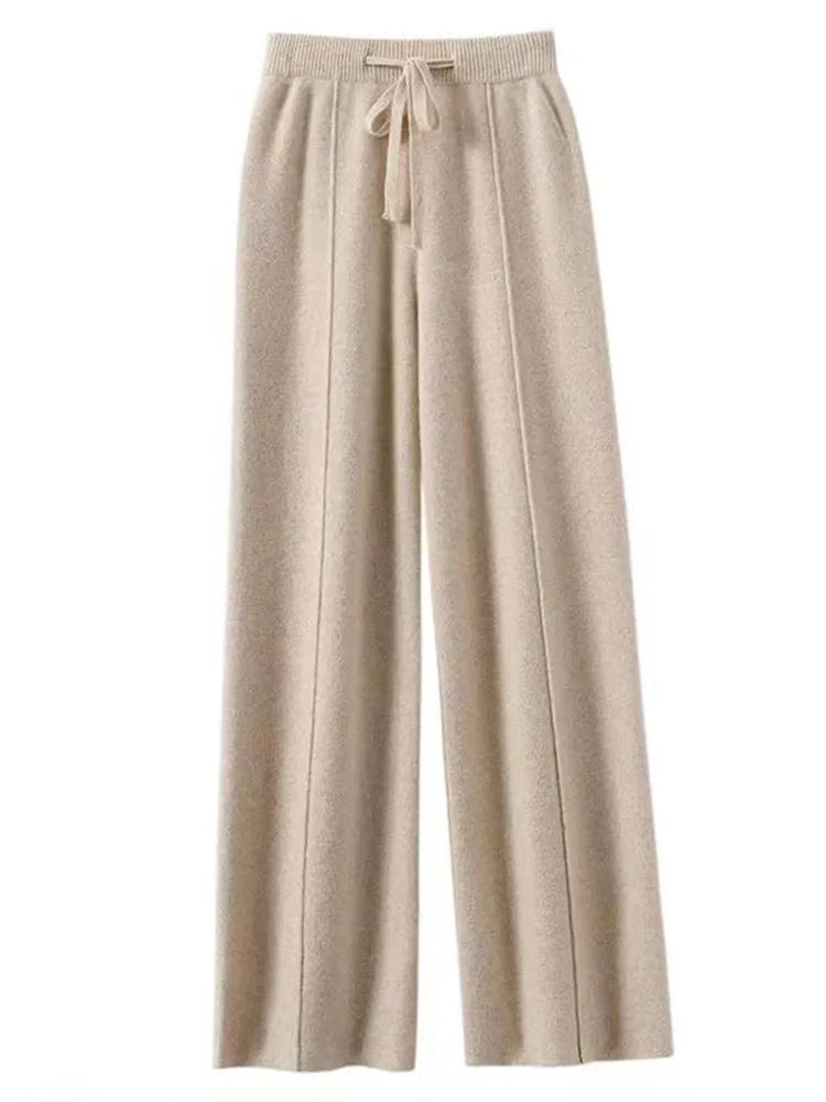 100% Cashmere High-Waisted Wide-Leg Knit Trousers - Soft & Warm