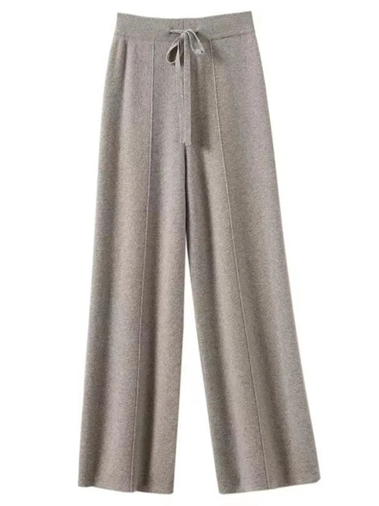 100% Cashmere High-Waisted Wide-Leg Knit Trousers - Soft & Warm