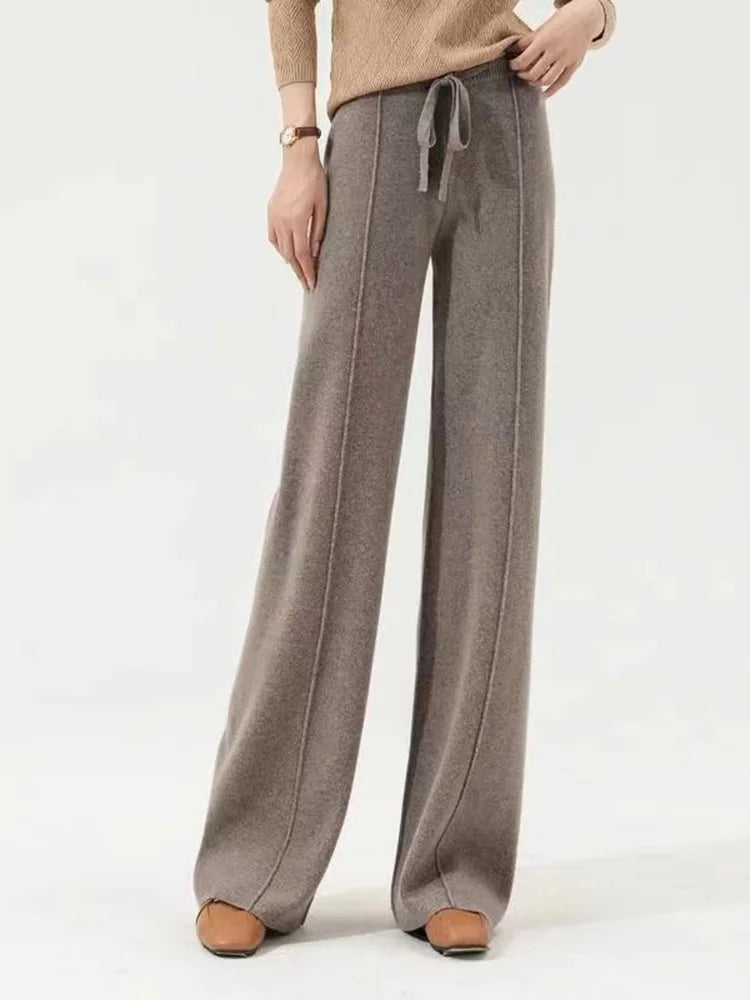 100% Cashmere High-Waisted Wide-Leg Knit Trousers - Soft & Warm