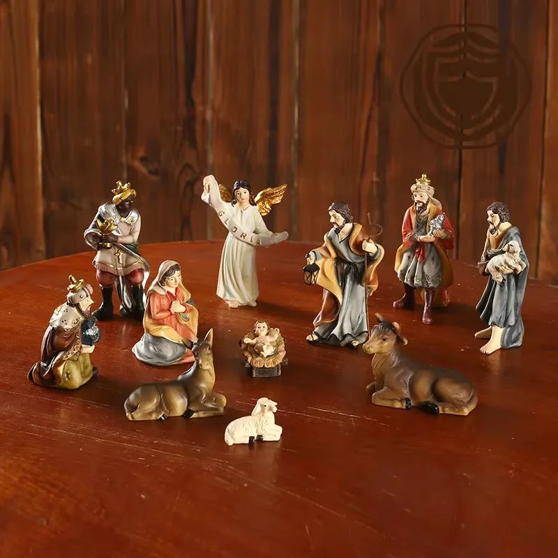 11-Piece Resin Nativity Set Manger Scene Figures - Indoor and Outdoor Christmas Decor, Catholic Gift