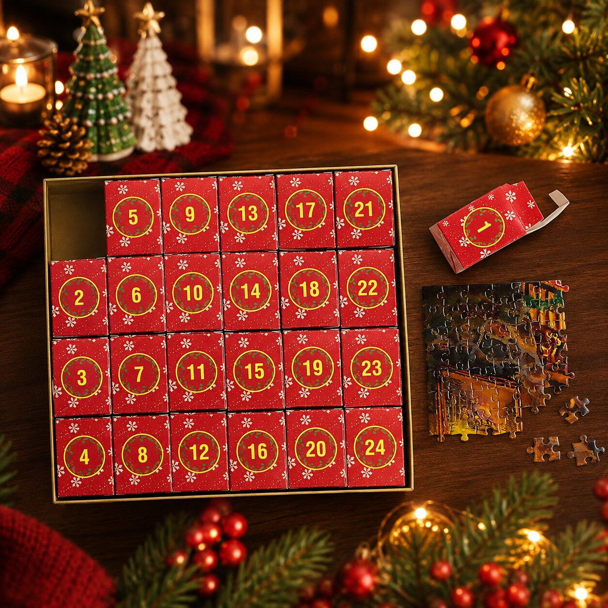 2026 Puzzle Advent Calendar with 24 Daily Compartments, 42 Pieces Each - Festive Christmas Picture