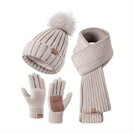 3-in-1 Knitted Winter Set with Hat, Scarf, and Touchscreen Gloves