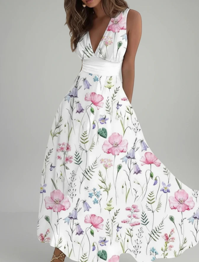 Floral V-Neck A-Line Midi Dress for Women