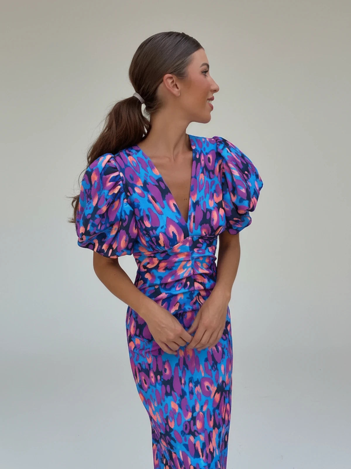 Puff Sleeve Printed Cocktail Midi Dress for Women