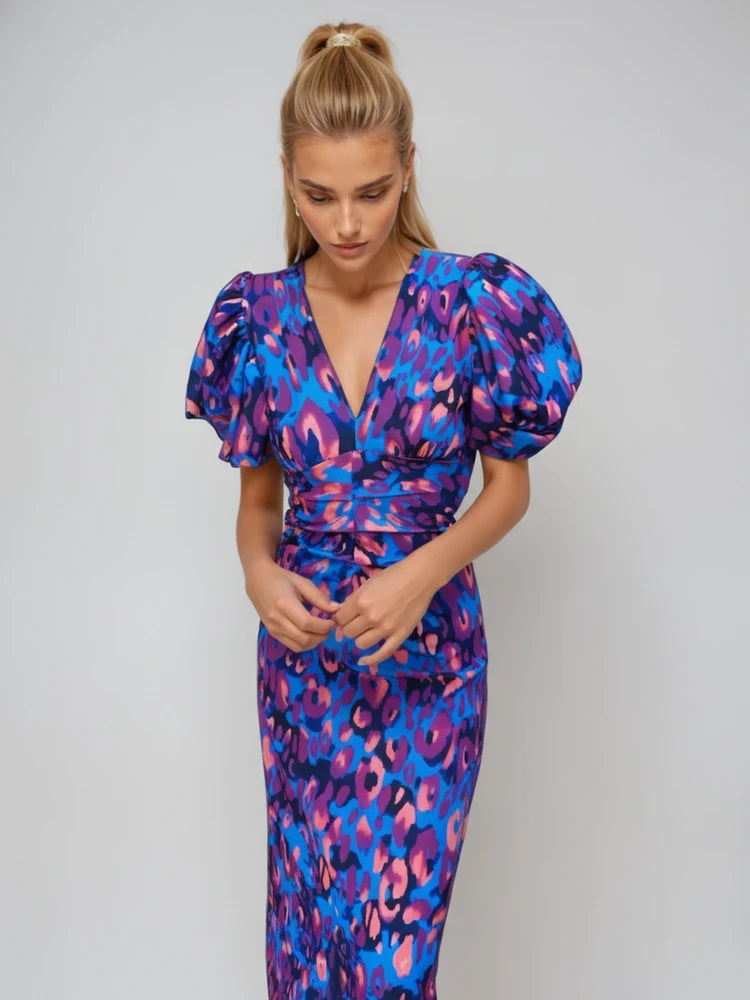 Puff Sleeve Printed Cocktail Midi Dress for Women