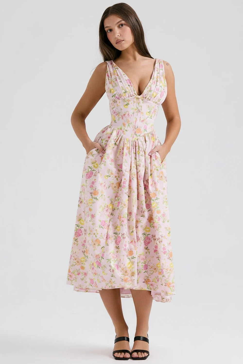 V-Neck A-Line Midi Dress for Women