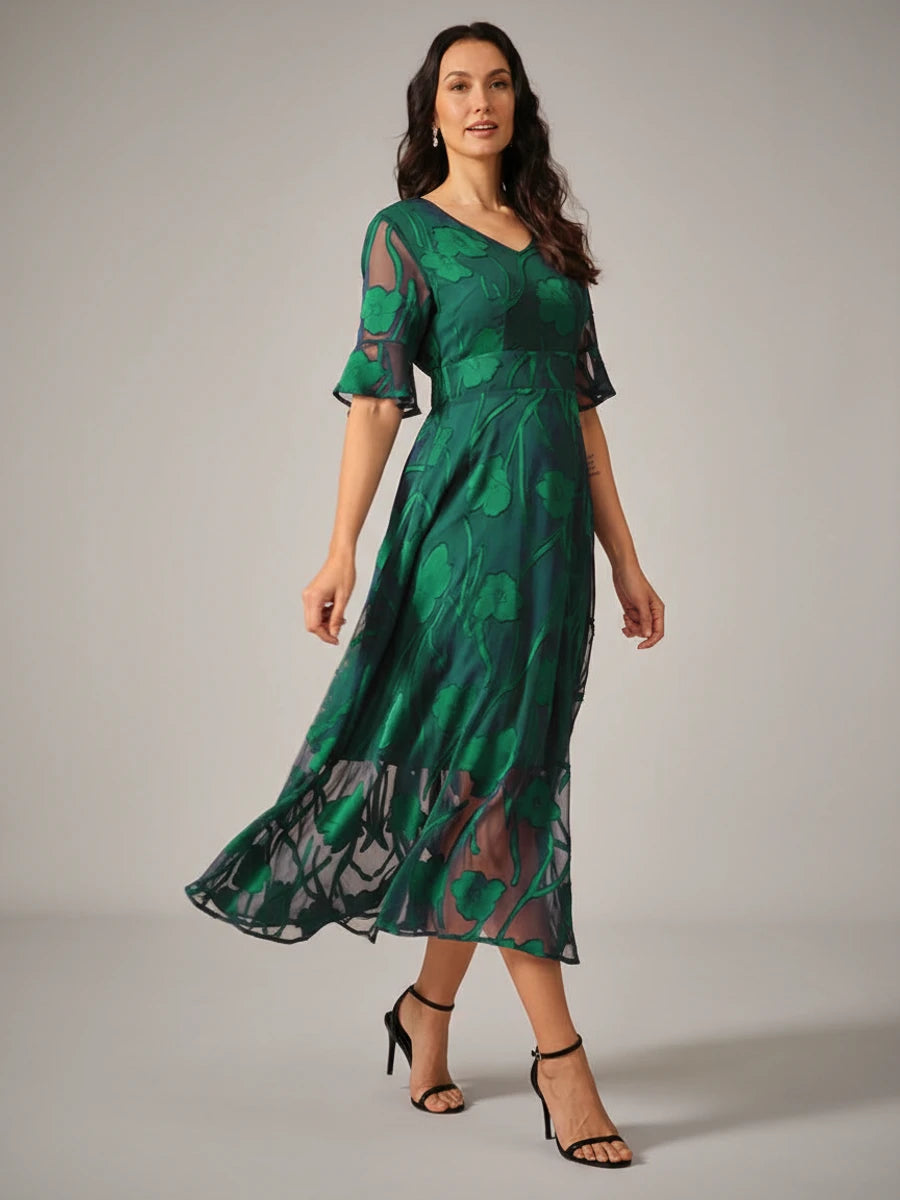 V-Neck A-Line Midi Dress for Women