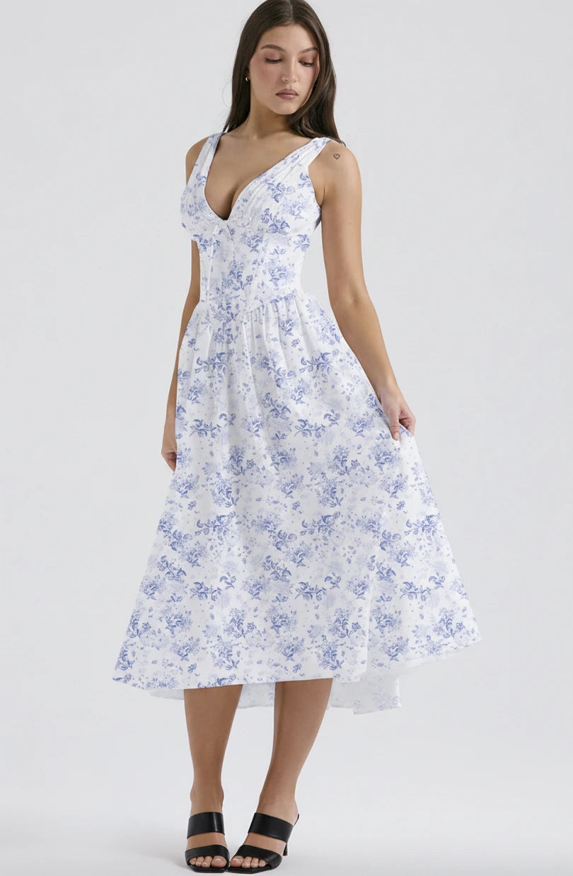 V-Neck A-Line Midi Dress for Women