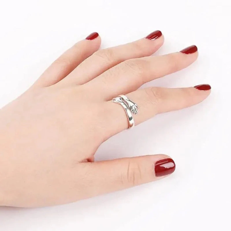 Adjustable Open Ring with Intertwined Hands