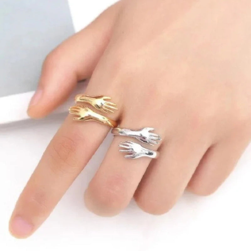 Adjustable Open Ring with Intertwined Hands